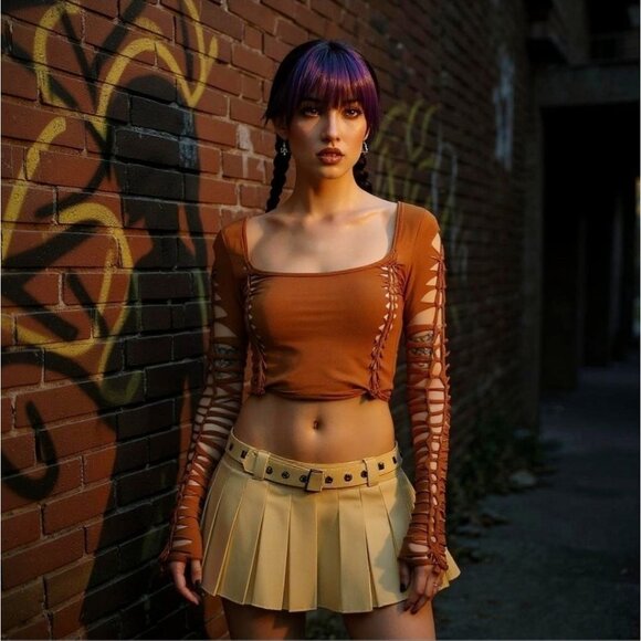 Current Mood Earth Brown Slashed Long Sleeve Crop Top XS - Picture 6 of 9